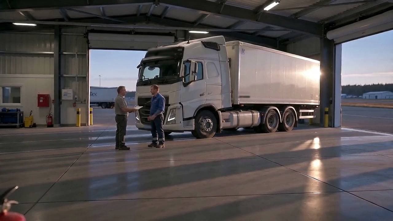 Truck depot with two people talking beside a prime mover