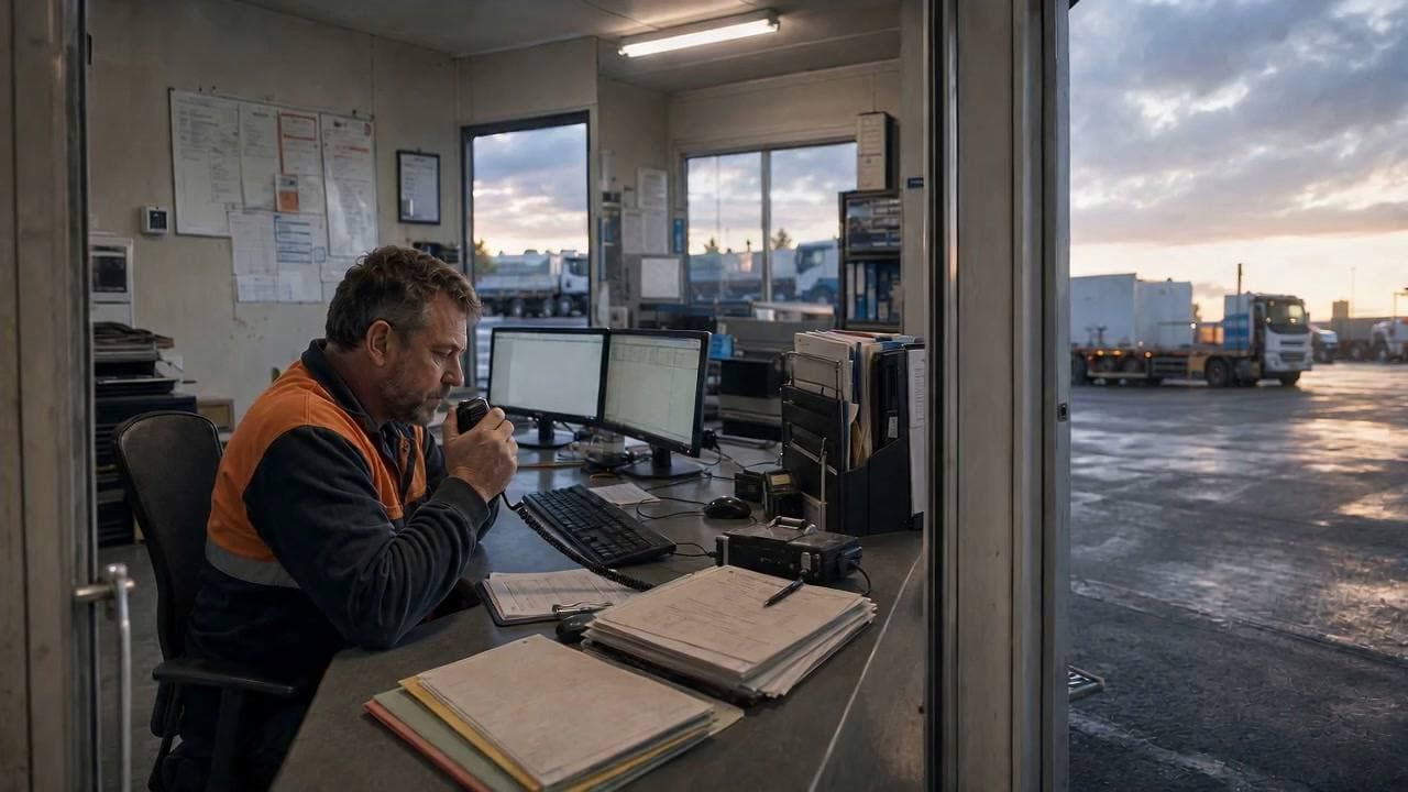 Dispatcher at a desk with paperwork and screens