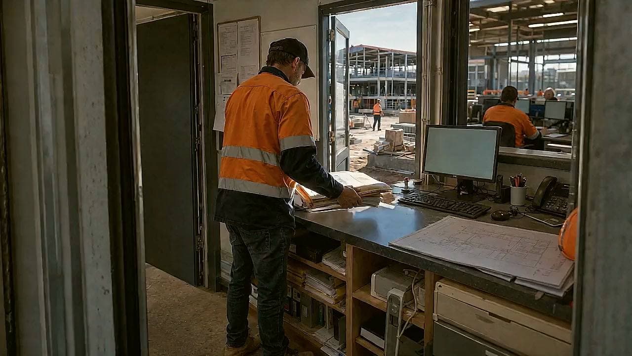 Site office with drawings on the bench