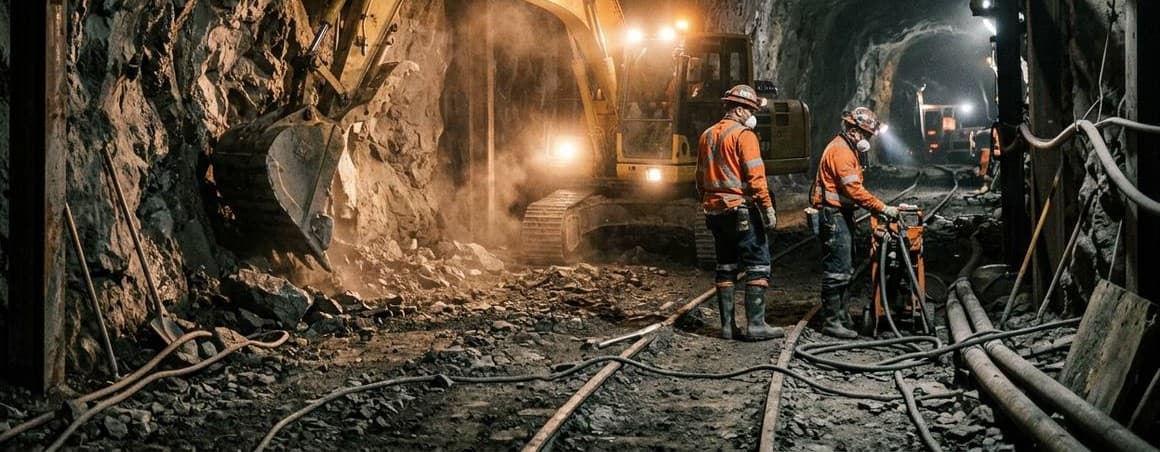 Underground mine heading lit by work lights