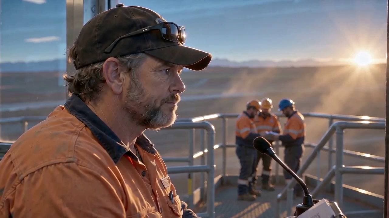 Supervisor at a microphone overlooking a crew on a mine platform at sunrise